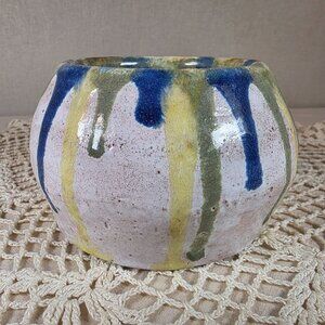 Handmade Ceramic Planter By Laurie Bennett With Blue Green & Yellow Drip Glaze D